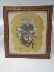 MCM Framed Watercolor Of African Mask By Peters