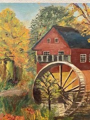 Vintage Original Oil Painting Red Grist Mill Water Wheel Autumn Landscape Art