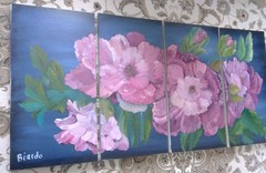 Wild Roses Original 4 Wood Panel Set Oil Paintings Wall Art 24 x 48 Total Size