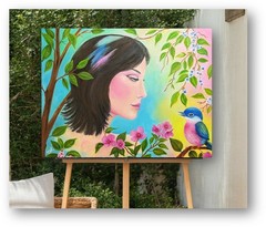 Original Oil Painting Abstract Realism Woman Garden Bird Stretched Canvas 14×18