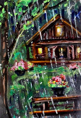 ACEO Original CABIN Summer Rain House Tree PAINTING Storm Flowers Landscape ART