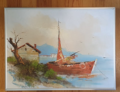 Original Acrylic Painting Signed Framed Cottage Boat Lake Retro Vibe 16″ x 12″