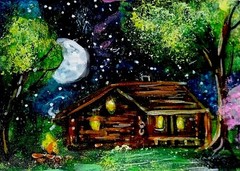 ACEO Original PAINTING Spring TREE Night Sky Moon CABIN Nature Landscape ATC ART