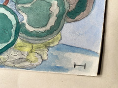 :WATERCOLOUR MONOGRAM ALPINE VIOLETS ANTIQUE EXPRESSIONIST DRAWING LANDSCAPE STUDY