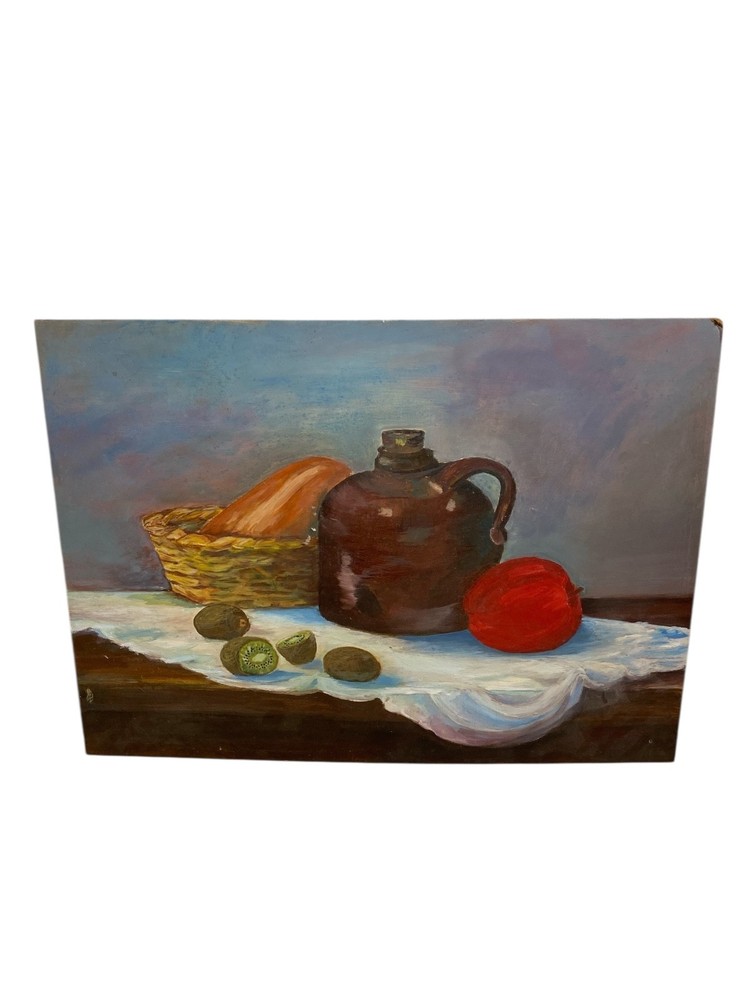 Vintage Still Life Oil Painting On Board- Fruit, Basket, Jug