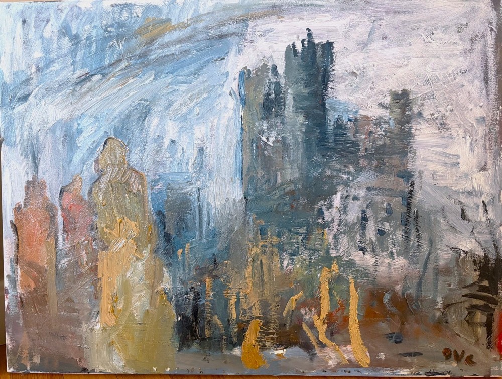 18″x24″ Fantasy Cathedral With Figures Abstract Realism Oil Painting on Canvas