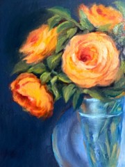Golden Roses in a Blue Vase- Original Rose Oil Painting, 11×14 Floral Still Life