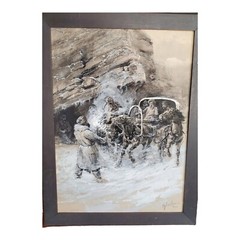 Antique Siberia Russia 1889 Sandham Watercolor Painting Blizzard Scene Men Horse