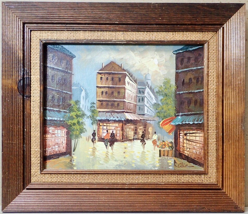 Street Scene Original Painting Signed Clive Art Canvas in 12.5×14.5 Wood Frame