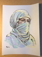 Original Pastel And Ink Sketch, 9×12 Inches, Palestinian Woman In 3/4 View