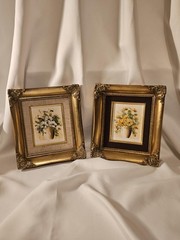 Set Of 2 Vintage Floral Still Life Paintings Ornate Gold Frames 8″×9″ Frame