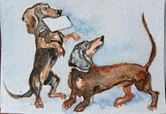 Dachshunds dog art original signed ACEO painting,pet lover unique gift 2.5×3.5″