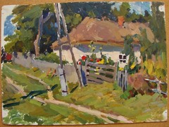 Ukrainian Soviet USSR Oil Painting impressionism old house outskirts village hut