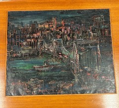 RARE Signed Emil Hess (1913-2003) Painting New York Brooklyn Bridge Oil