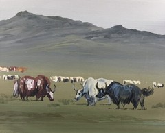 Gouache View Presumed Of The Zorgol Mountain Mongol Camp Near The Yak