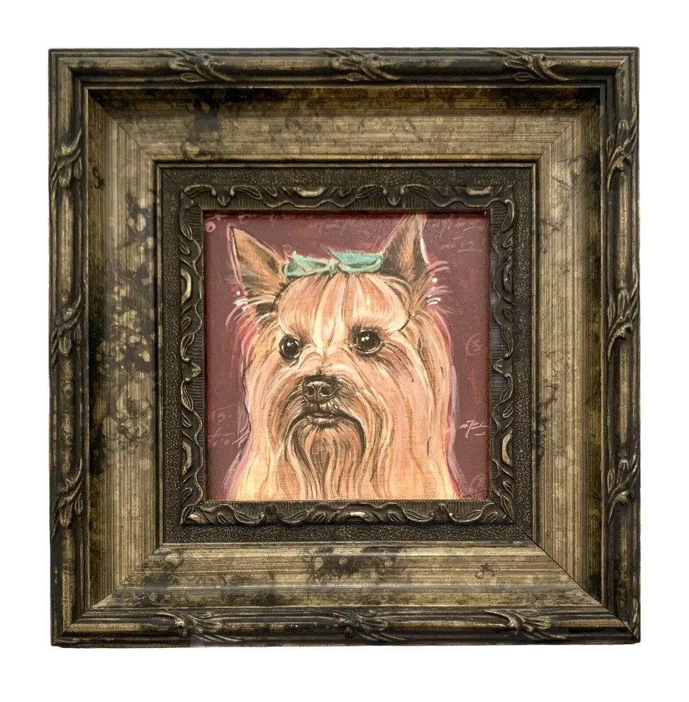 Dog Painting Yorkie Portrait Oil on Canvas Signed Vintage Art Gift Home Decor