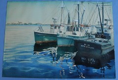 Beautiful 1981 Watercolor Titled „Fishing Boats, Nantucket“ Illegibly Signed