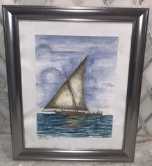Zanzibar ‘06 Sail Boat Sea Watercolor Signed Custom Matted Framed 13.25”X16.25”