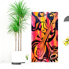 Woman with Sitar Sri Lankan Traditional Acrylic Painting on Canvas, Wall Art