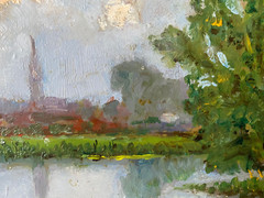 Impressionist Around 1900 Gold Frame Church By The River Summer Day Water