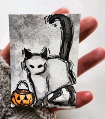 Original ACEO Watercolor Trick Or Treat Ghost Kitten Cat With Pumpkin Painting