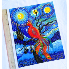 Phoenix Bird Starry Night UV Radiant & Acrylic Painting 8.5×11 Canvas Art NEW