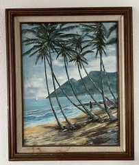 VTG Hawaiian Tropical Island Painting Woman On Beach Boats by Ned Richards