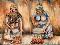 S.I Hlatshwayo (South African,b. 1929) African School Ethnic Watercolor Painting