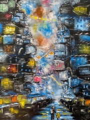 Cyberpunk Painting Cityscape Original Art Abstract Artwork City Wall Art Large