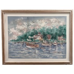 Large Framed Coastal Harbor Painting Textured Boats