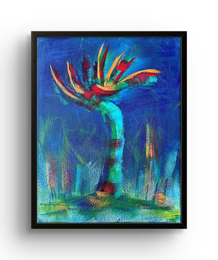 Original Tropical Plant Painting 11×14 Acrylic Canvas Blue Teal Red Signed