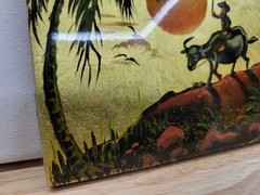 Vtg Vietnamese Lacquer Painting Gold Leaf Water Buffalo Sun Art Plaque 8.5″ x 4″