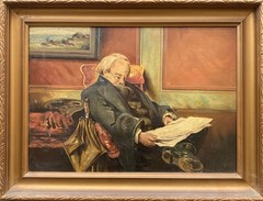 Antique Oil Painting Sleeping Man Reading Newspaper Interior Genre Scene