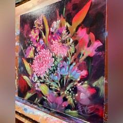Original Bumblebee bouquet painting floral still life surreal nouveau flowers