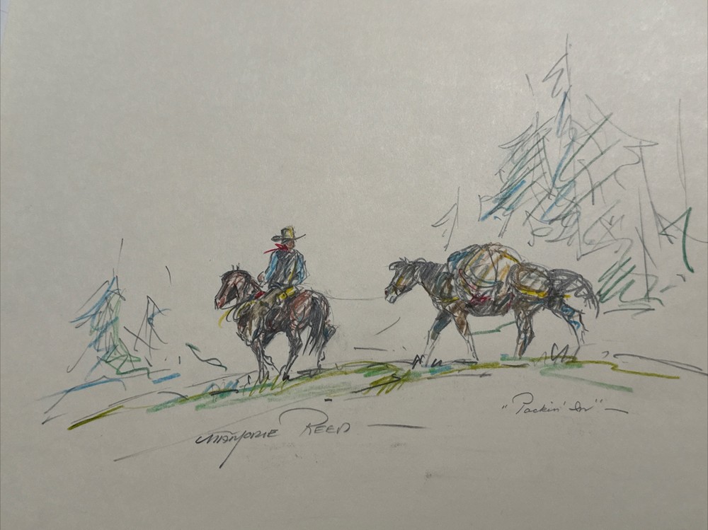 MARJORIE REED DRAWING LISTED FAMOUS Sketch Small Cowboy Wester Wagon Rare Find