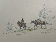 MARJORIE REED DRAWING LISTED FAMOUS Sketch Small Cowboy Wester Wagon Rare Find
