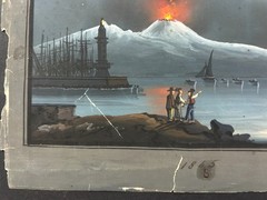 1865 Neopolitan School Figures in Moonlight Erupting Vesuvius Painting on Paper