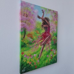 Original Oil Portrait Painting Spring Dancing Woman Blossom Garden Canvas Art