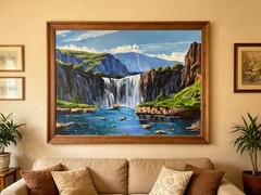Majestic Landscape Oil Painting Depicting Magnificent High-Mountain Waterfall