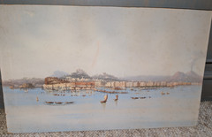 Fine Antique Italian Watercolor Painting Landscape Harbor Scene 10 1/2 x 17″