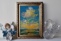 Framed Sunset Seascape Sunset Clouds Evening Sea Art 4×6” Original Oil Painting