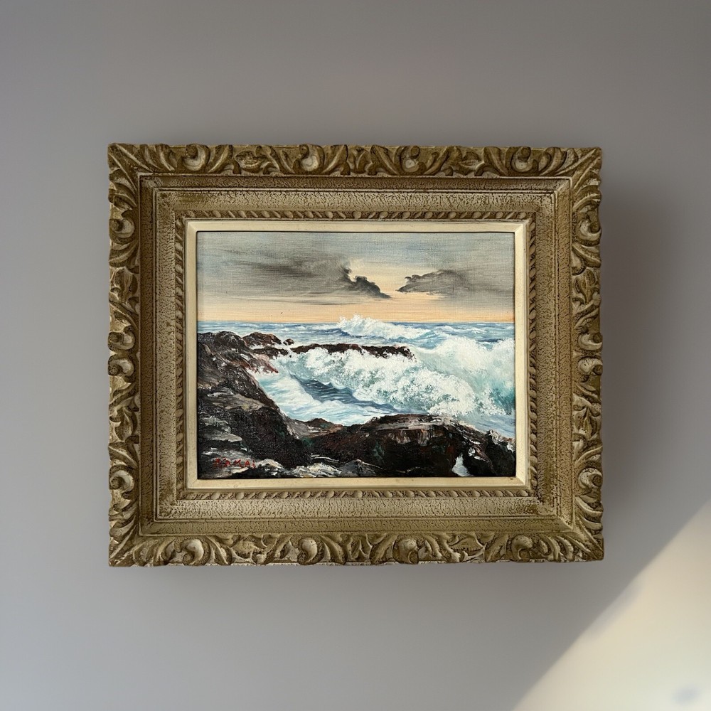 Dramatic 1976 Japanese Vintage Midcentury Seascape Oil Painting Japan Landscape