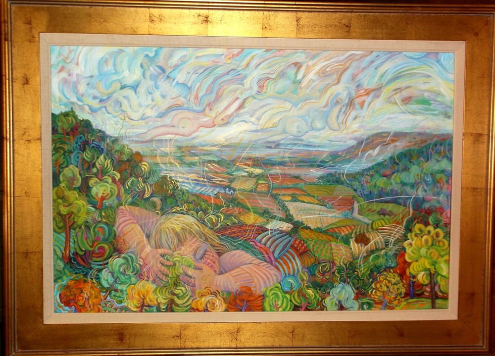 Judy Suroweic acrylic painting 32 in x 44 in framed. „Mountain Love“