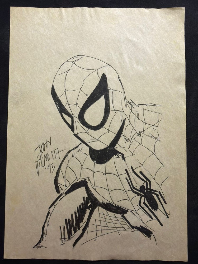 JOHN ROMITA drawing and painting on old paper signed stamped vintage