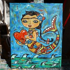 BLUE MERMAID oil painting 8×10 NEW canvas Sea original WOW signed art Crowell