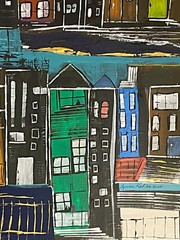 Original painting 20×20″ buildings city people textured Canvas by Lynne Kohler
