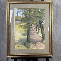 Antique Watercolor Painting Signed 1926 Illegibly Walking Path 27×33”