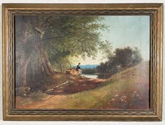 Antique Henry Moore Welsh Man Lake Landscape Oil Painting 19th Century English