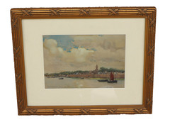 SYDNEY RICHMOND BURLEIGH Original Watercolor Coastal Town with Boats 1925