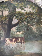 Hand Painted Wood Collector Plate Round Multicolor Cows Landscape Scene